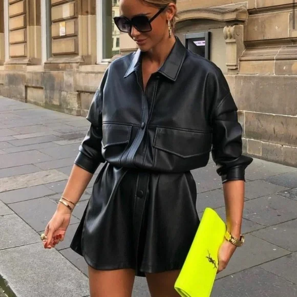 Zara | Tops | Zara Bloggers Fave Belted Faux Leather Shirt L  display picture 2